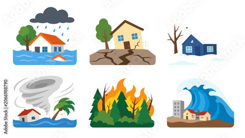 Cuadro en lienzo Cartoon icons of natural disasters and extreme weather events