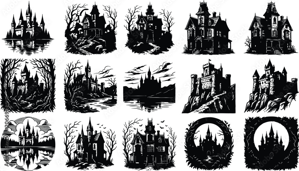 Obraz premium Set of spooky castle silhouettes for halloween decor or fantasy print projects in vector style