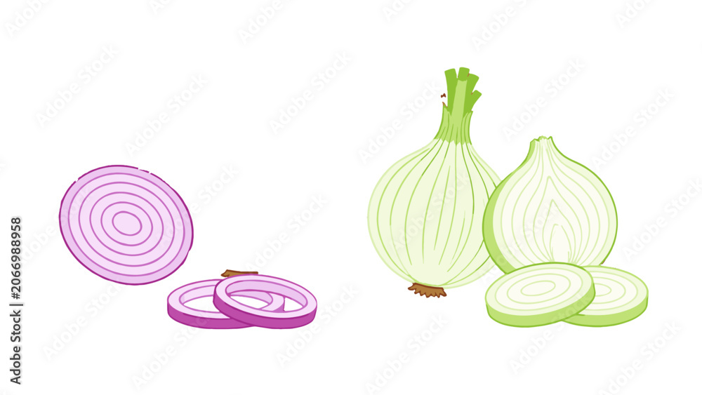 Naklejka premium Vector set of red and green onions with sliced pieces