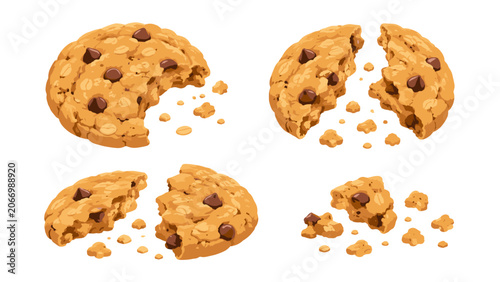 Cuadro en lienzo Cartoon oatmeal chocolate chip cookies with broken pieces