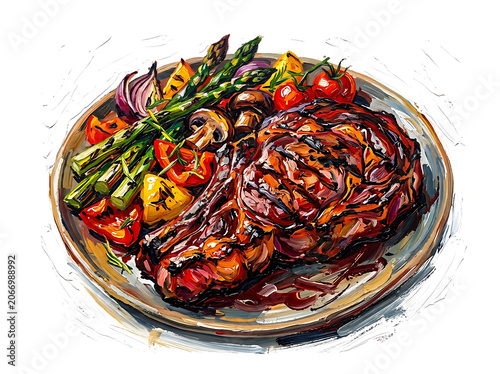 Colorful vegetable stir fry in black skillet.