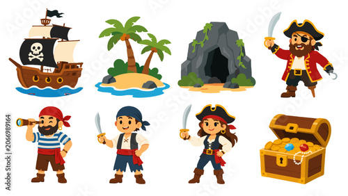 Photos Cartoon pirate character set with ship island cave and treasure