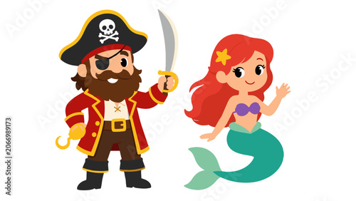 Foto Cute pirate captain and mermaid cartoon character set