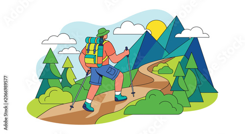 Fotografie Hiker With Backpack In Mountainous Landscape Vector Illustration