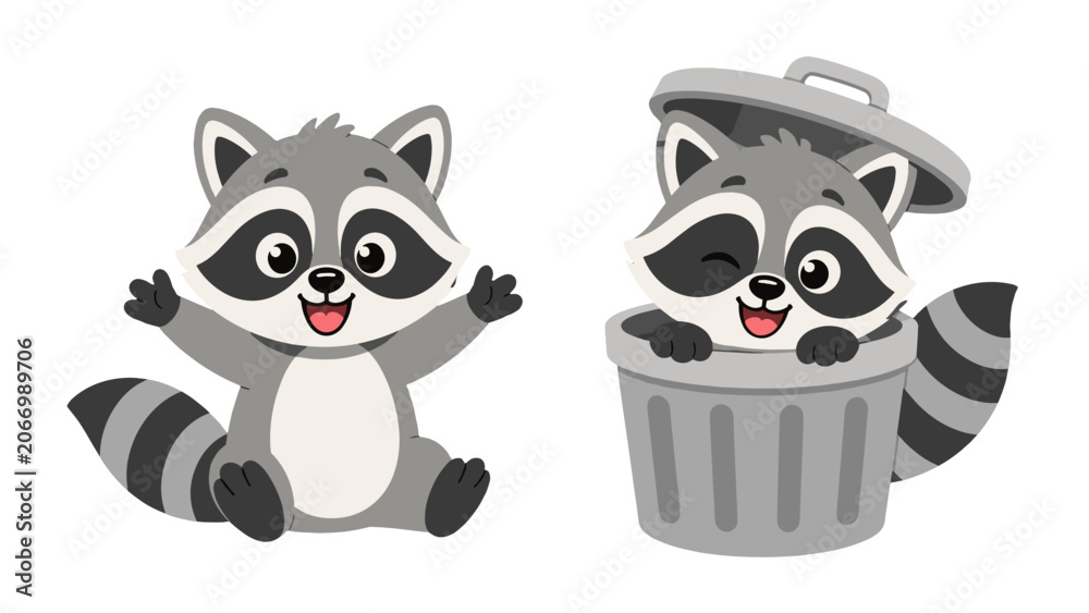 Fototapeta premium Cute cartoon raccoon characters with trash can and waving pose