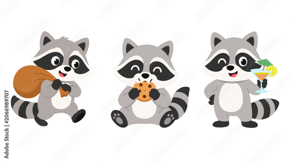 Fototapeta premium Cute cartoon raccoon character set with snack bag, cookie and drink