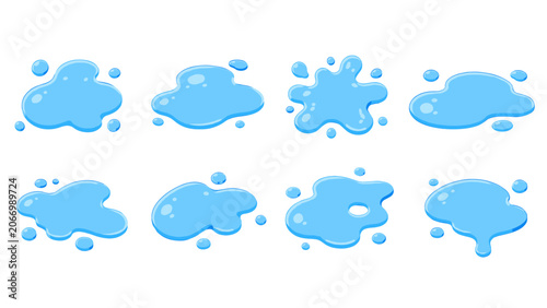 Tableau sur toile Blue cartoon water puddle set isolated on white background