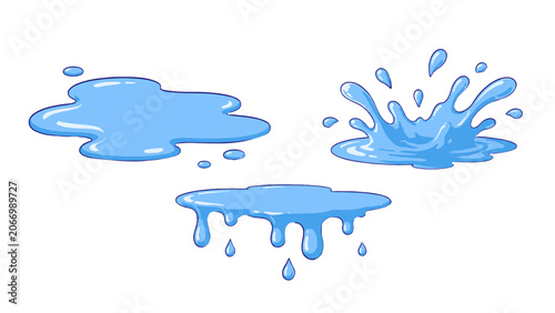 Blue water puddle and splash cartoon vector icon set