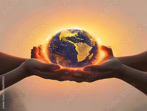 Glass globe with Earth map reflecting warm sunset light.