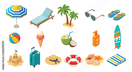 Bild auf Leinwand Beach Vacation Items Isometric Vector Illustration On White Background