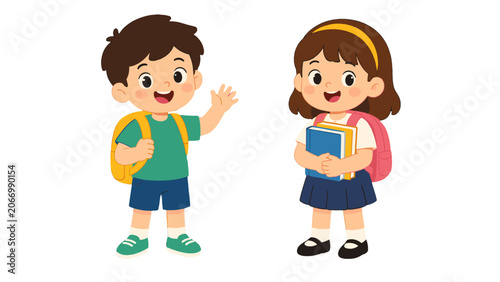 Canvastavla Cartoon schoolboy and schoolgirl with backpacks and books