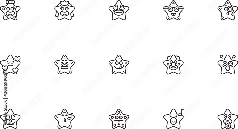 Fototapeta premium Kawaii star mascot characters and cute emotion outline vector set