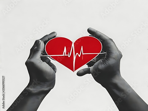 Red heart symbol on black boxing gloves.