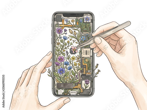Hand holding smartphone with colorful abstract digital art.