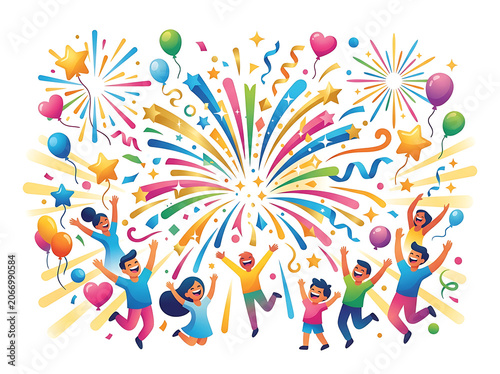 Diverse group of children celebrating with colorful fireworks.