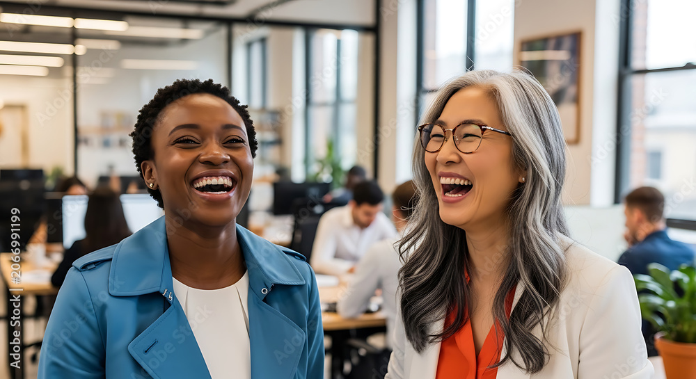 Obraz premium Two joyful businesswomen laughing together in a modern office environment colleagues women