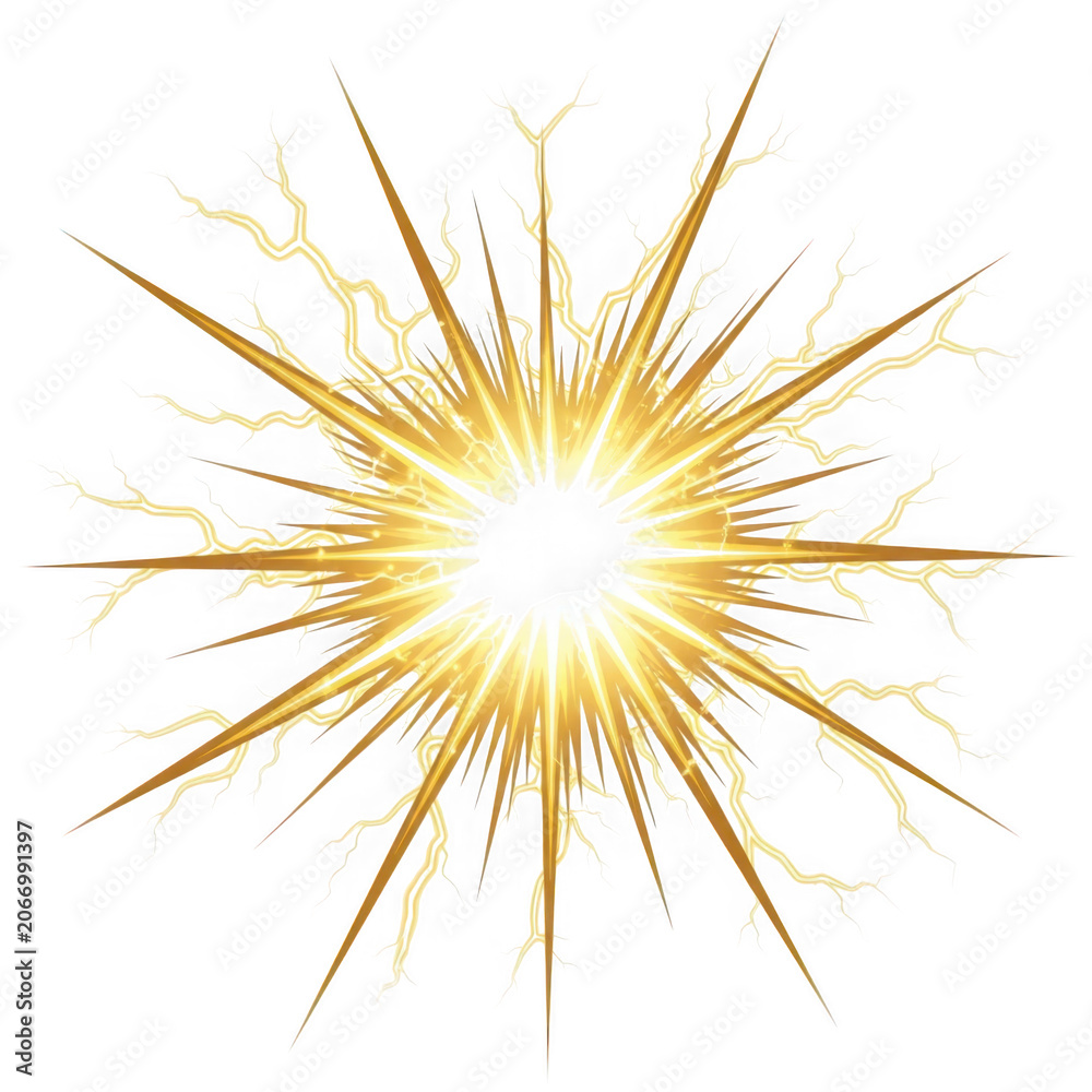 Fototapeta premium Golden lightning explosion effect, bright starburst with electric sparks and rays isolated on transparent background