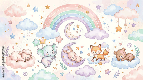 Cute baby nursery watercolor pastel illustration featuring adorable woodland animals and floral elements for nursery decor and nursery room wall art designs