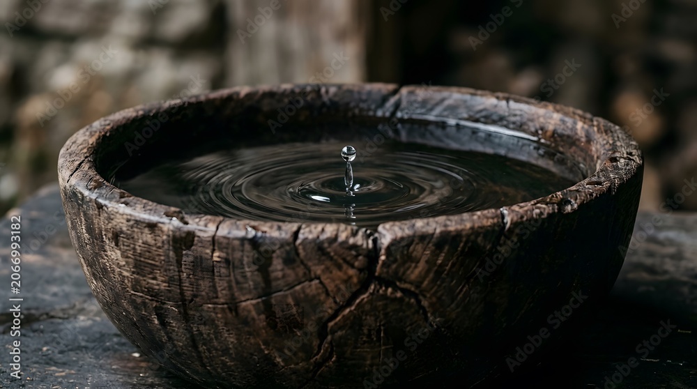 Fototapeta premium Rustic wooden bowl with a single water droplet creating ripples natural texture
