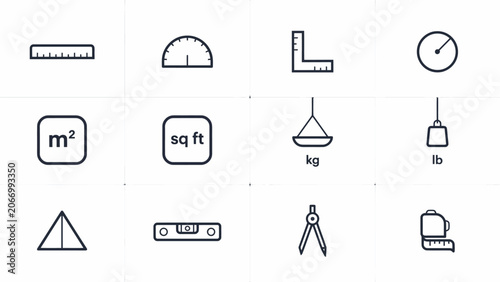 Set of twelve simple measurement and unit icons including ruler, protractor, scale, and weights . Vector Flat Illustration.