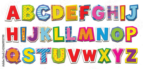 Cutout alphabet font in retro cartoon style. Playful magazine collage lettering with uneven shapes, bold characters and handmade look, childish and doodle typeface for posters, kids projects, educatio