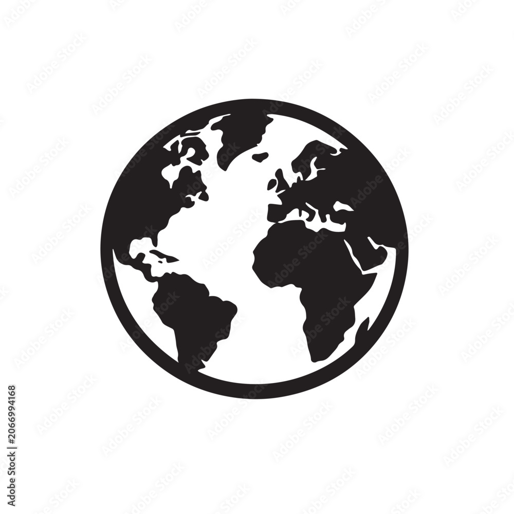 Obraz premium Black globe icon, world map silhouette, earth symbol, vector illustration
