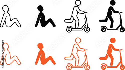 Set of simple icons depicting people riding electric scooters and falling