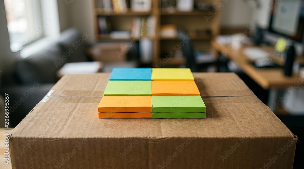 Fototapeta premium Colorful adhesive sticky notes arranged on a cardboard shipping box.