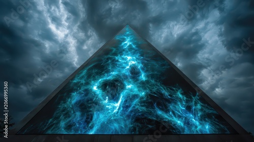 Mysterious Pyramid Energy: A colossal pyramid, etched with glowing blue energy patterns, stands silhouetted against a dramatic, stormy sky.