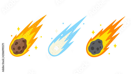 Bilde på lerret Cartoon comets meteors and asteroids with fiery light trails