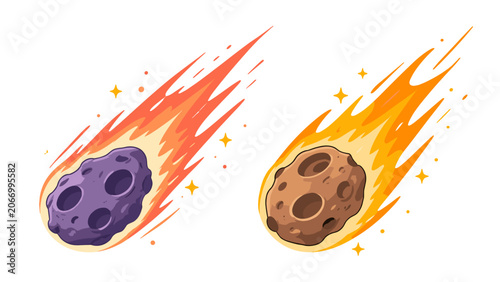 Cuadro en lienzo Cartoon meteors with fiery trails isolated on white background