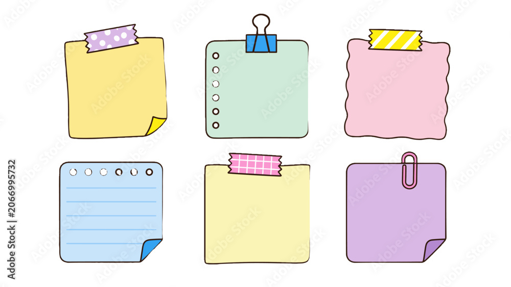 Naklejka premium Cute pastel sticky notes and memo paper set illustration