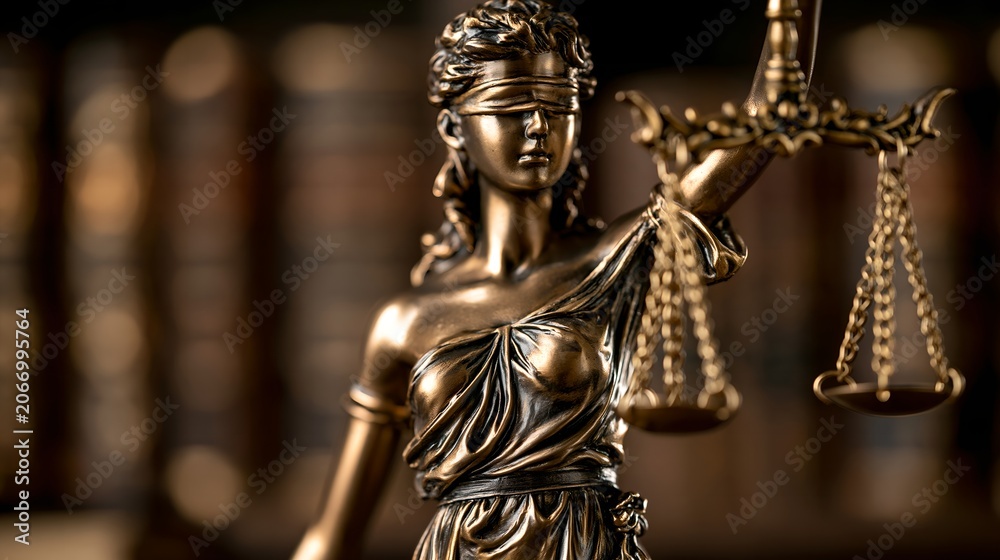 Fototapeta premium Golden statue of Justitia holds balanced scales.