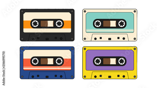 Fotografi Set of four colorful vintage cassette tapes in flat vector style