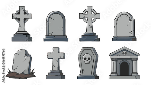 Photos Cartoon stone gravestones crosses coffin and mausoleum set