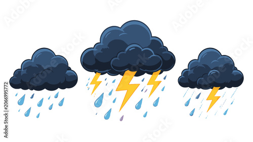 Canvastavla Cartoon storm clouds with rain and lightning bolts set