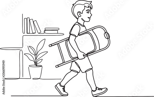 Cuadro en lienzo Young boy carrying a school desk in a minimalistic line drawing
