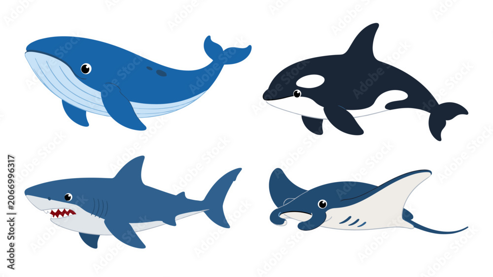 Naklejka premium Cartoon marine animal sticker set with whale, orca, shark and ray