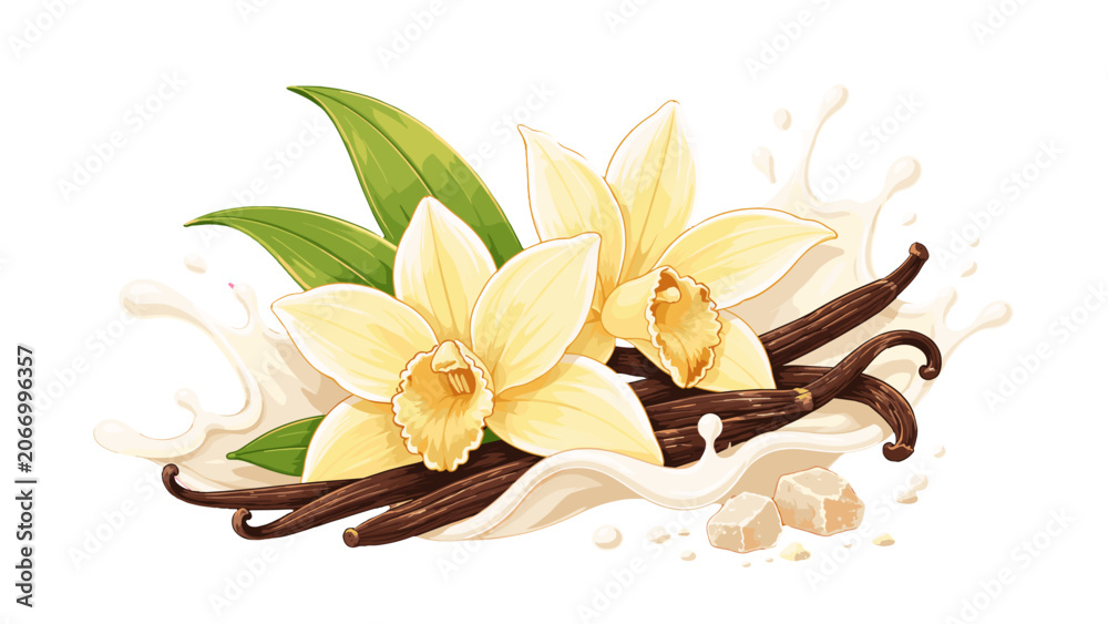 Fototapeta premium Vanilla flowers, pods, sugar cubes and milk splash illustration