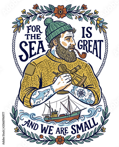 Vintage nautical illustration featuring a bearded sea captain with tattoos holding a sextant instrument, a small fishing boat on waves, and a decorative floral rope border frame.
