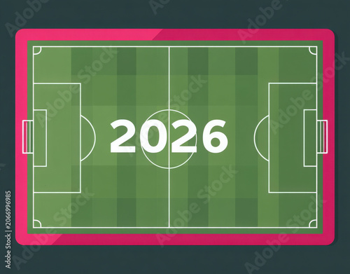 A flat of a green soccer field with white markings and the year 2026 displayed in large white numbers in the center area