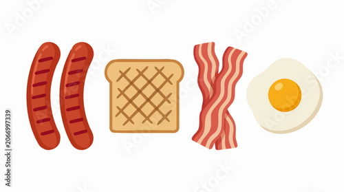 Tableau sur toile Flat lay illustration of breakfast food items: sausages, toast, bacon, fried egg