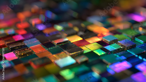 Abstract macro view of a silicon wafer surface showing intricate integrated circuit patterns with vibrant rainbow colored light reflections glowing