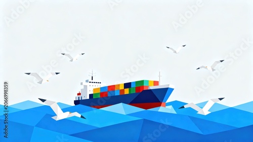 Ship with containers and seagulls