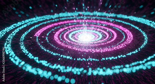 Concentric rings of particles with bright light a colorful abstract scene
