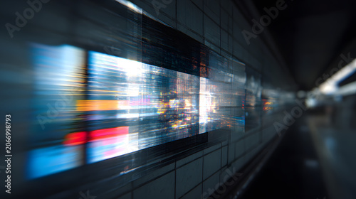 Abstract light streaks moving fast across a dark wall creating a dynamic sense of speed and modern digital city life
