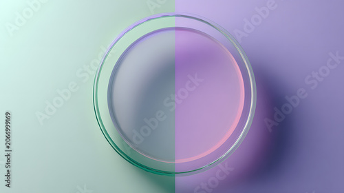 Glass petri dish centered on a split background featuring soft pastel shades of mint green and light purple color tones