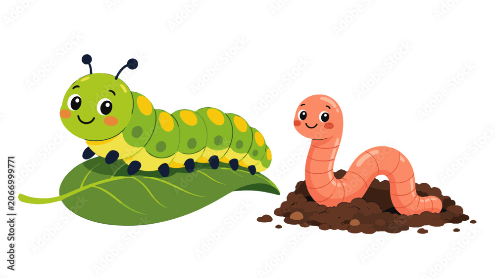 Naklejka premium Cute caterpillar on leaf and earthworm cartoon illustration