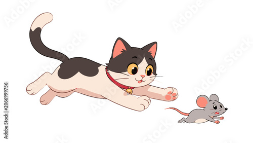 Tableau sur toile Cartoon cat chasing a small mouse in playful jump