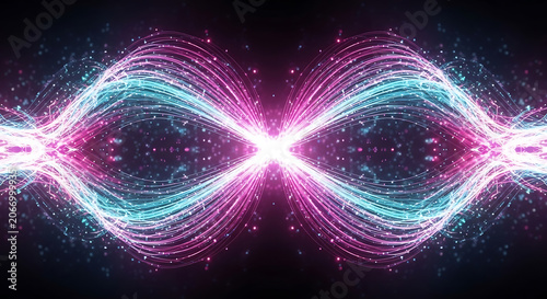 Symmetrical light trails form an abstract energetic pattern against a dark backdrop